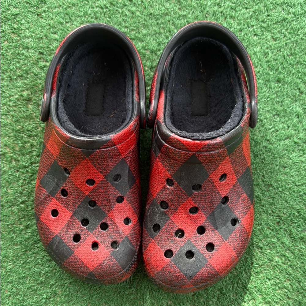 CROCS Kids Red and Black Checkered Slippers